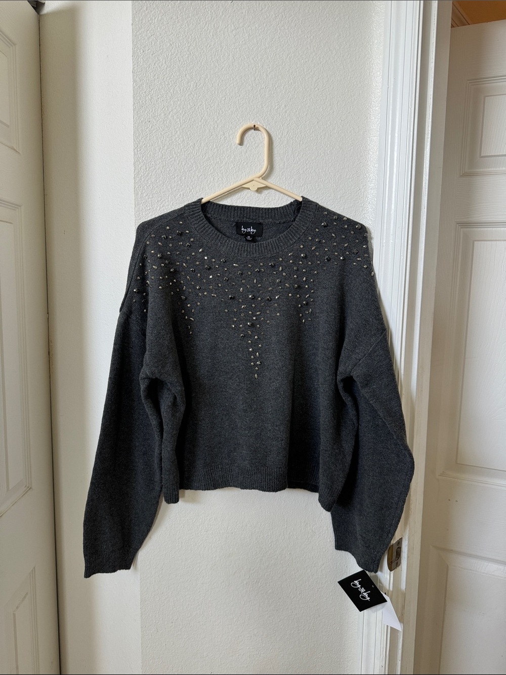 by & by Dark Gray Studded Crewneck Sweater